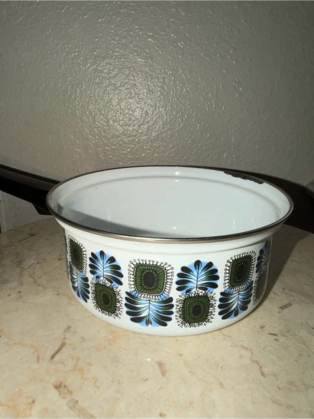 White Enamel Saucepan with Blue and Green Floral Motif